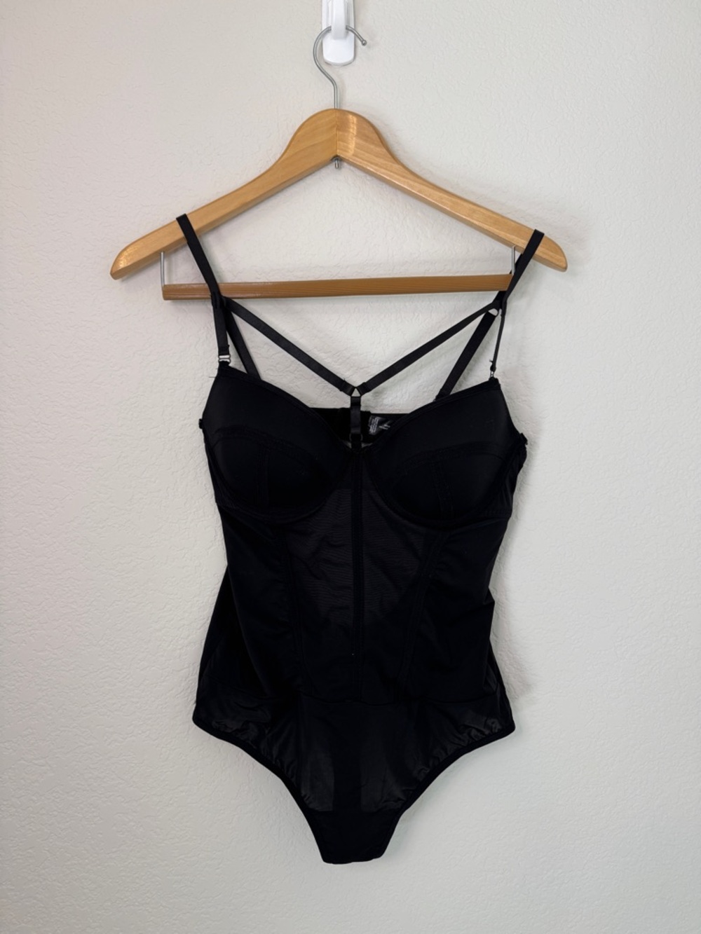 Unbranded Womens Thong Structured Bodysuit Mesh Size L Black Lingerie - Picture 2 of 7